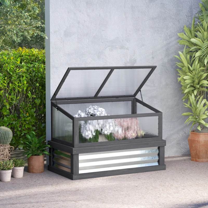 Outsunny Raised Garden Flower Bed Kit with Lean-to Greenhouse, Wooden Cold Frame Planter, 41" x 22.5" x 28.25", Gray