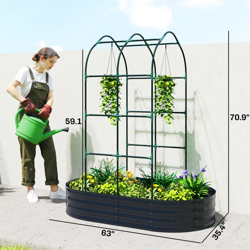 Outsunny Galvanised Raised Garden Bed with Arched Trellis, 5 x 3 x 6ft Metal Outdoor Planter Box with Open Bottom, Dark Gray