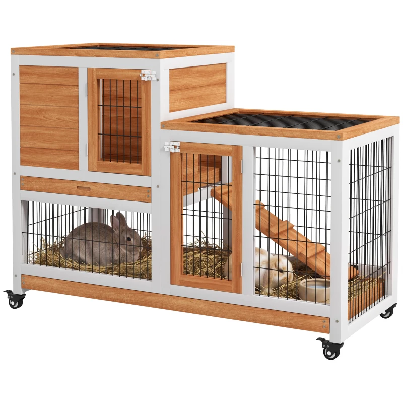 PawHut Wooden Rabbit Hutch, Indoor Bunny Cage with Wheels, Pull Out Trays, Run, Yellow