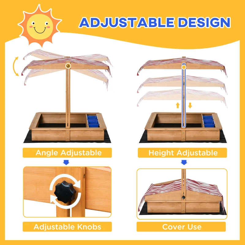 Outsunny Kids Wooden Sandbox with Adjustable Height Cover and Toy Bin Storage, Children Sand Play Station Outdoor, Bottom Liner