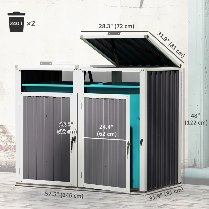 Outsunny Double Garbage Bin Shed, Lockable Outdoor Storage Shed with Openable Lid, Galvanized Frame for Garden Patio, Dark Grey