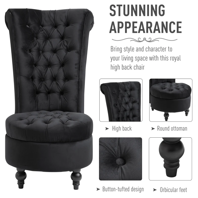 HOMCOM Retro High Back Armless Royal Accent Chair Fabric Upholstered Tufted Seat for Living Room, Dining Room and Bedroom, Black