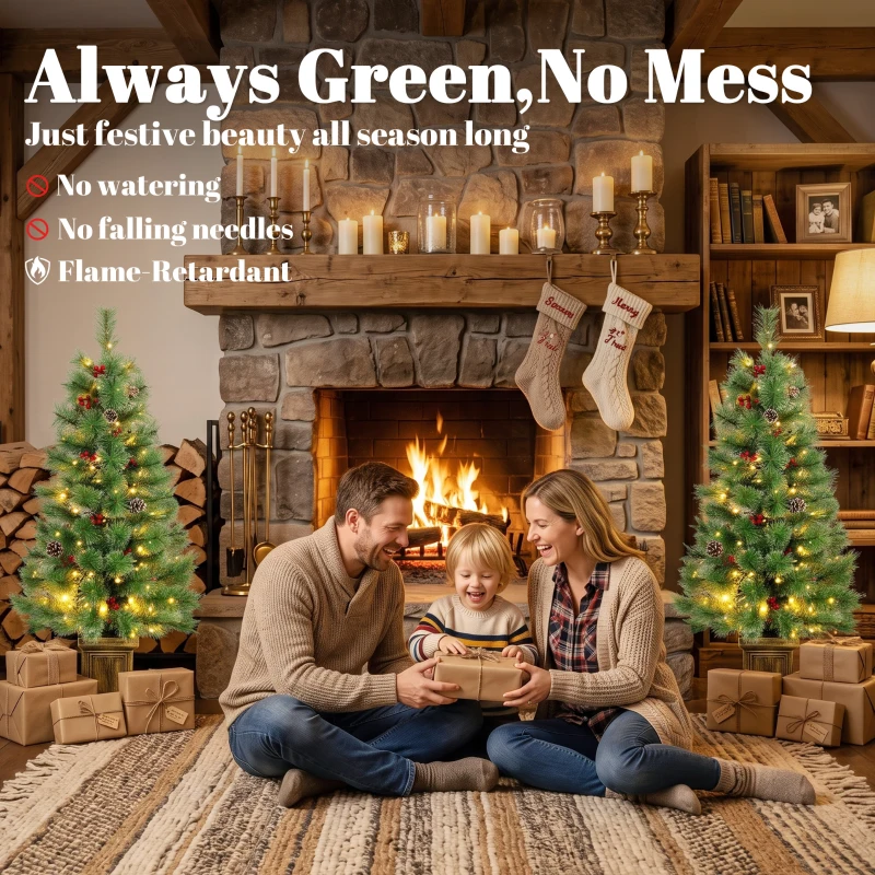 HOMCOM 4ft Pre-Lit Artificial Christmas Tree Set of 2, Xmas Pine Trees, Dual Colors, Remote, Green