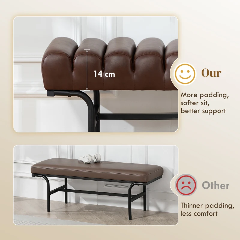 HOMCOM Bedroom Bench PU Leather End of Bed Bench with Cylindrical Seat and Metal Legs for Bedroom Living Room Hallway Brown
