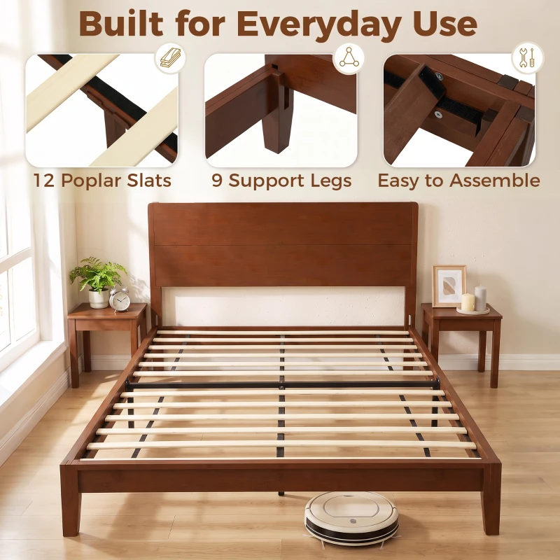 HOMCOM Queen Size Bamboo Platform Bed Frame with Headboard and 12 Poplar Slats, No Box Spring Needed, Easy Assembly, Brown