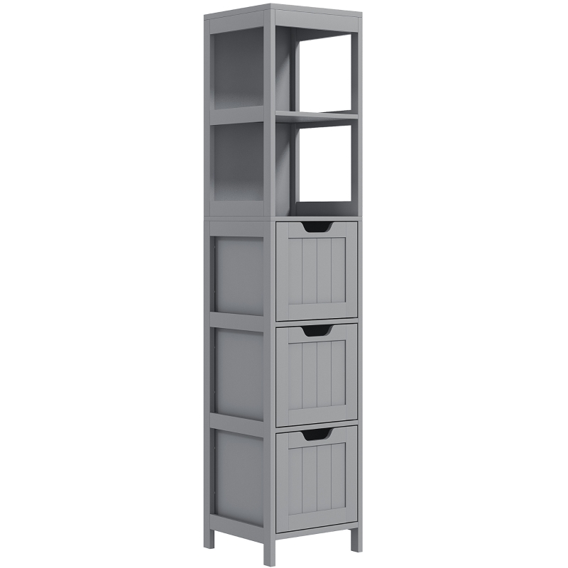 kleankin Narrow Bathroom Cabinet with 3 Drawers and 2 Tier Shelf, Tall Cupboard Freestanding Linen Tower, Grey