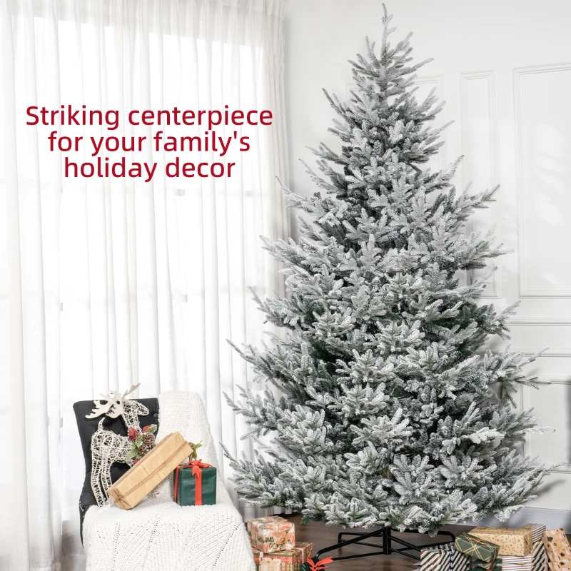 HOMCOM 9 FT Artificial Christmas Tree, Flocked Hinged Xmas Tree with 1939 Tips, Steel Base, Auto Open, Green