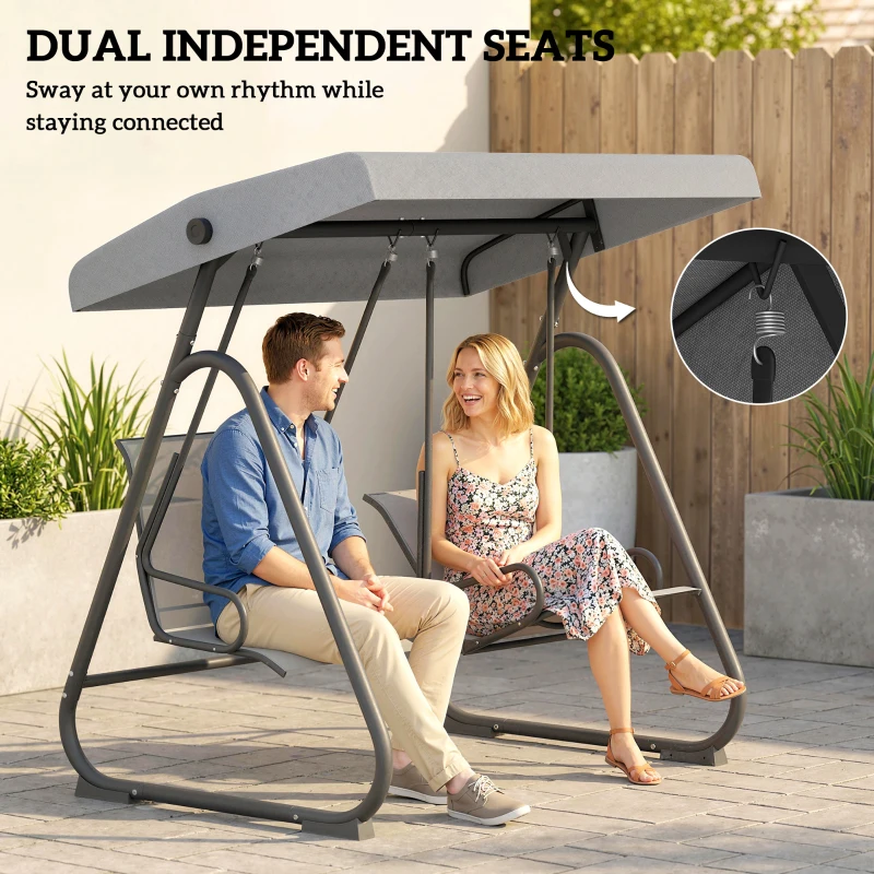 Outsunny Patio Swing Chair w/Adjustable Canopy Outdoor Porch Swing w/Dual Independent Seats 2-Seat Grey