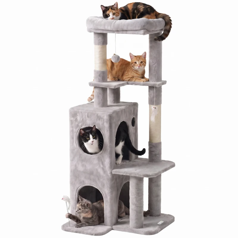 PawHut 52" Cat Tree, Multi-Level Large Cat Tower House with 2-Tier Condo, Bed, Sisal Scratching Posts, Light Grey
