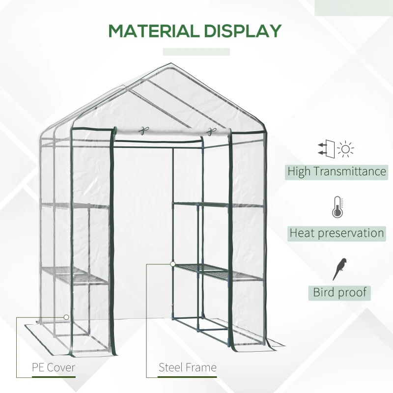 Outsunny 56" x 56" x 77" Walk-in Greenhouse, Portable Garden Flower Seed Warm House with 8 Shelves, Outdoor Plant Growth Hot House, PVC Cover, Transparent