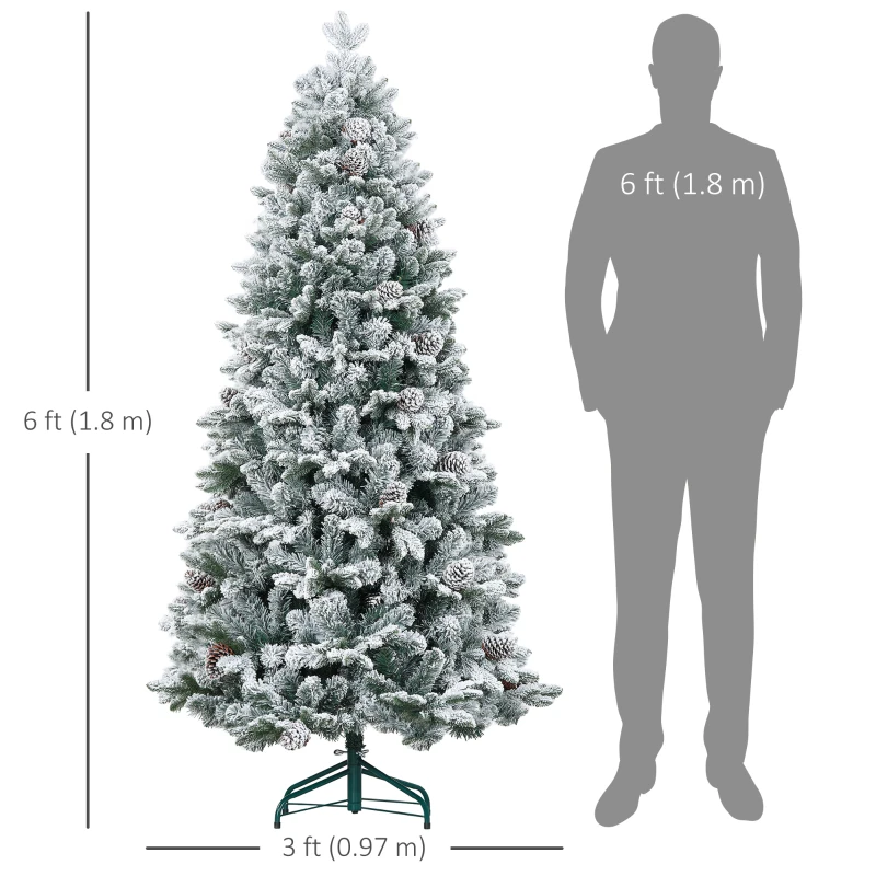 HOMCOM 6ft Flocked Artificial Christmas Tree with 1489 Snow Tips, Pinecones, Metal Stand, Hinged Xmas Tree for Home