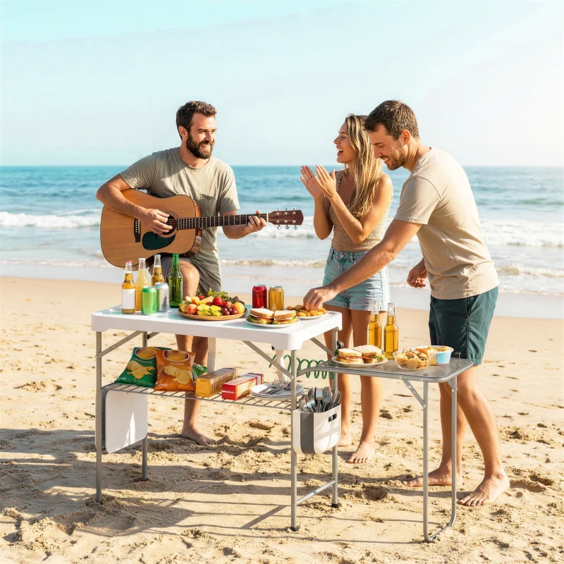 Outsunny Fish Cleaning Table Folding Sink Portable Camping Sink with Side Shelf & Bottom Rack for Outdoor White