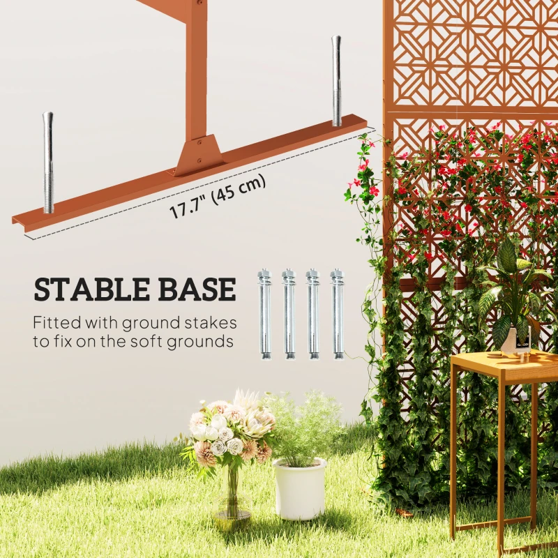 Outsunny Decorative Outdoor Privacy Panel with Stand, Freestanding Metal Outdoor Divider for Garden, Backyard, Deck, Brown