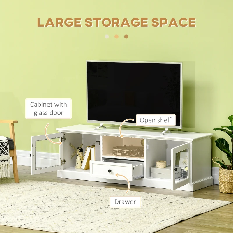HOMCOM Modern TV Stand Cabinet for TVs up to 60 Inches, Entertainment Center with Drawer and Glass Doors for Living Room, White