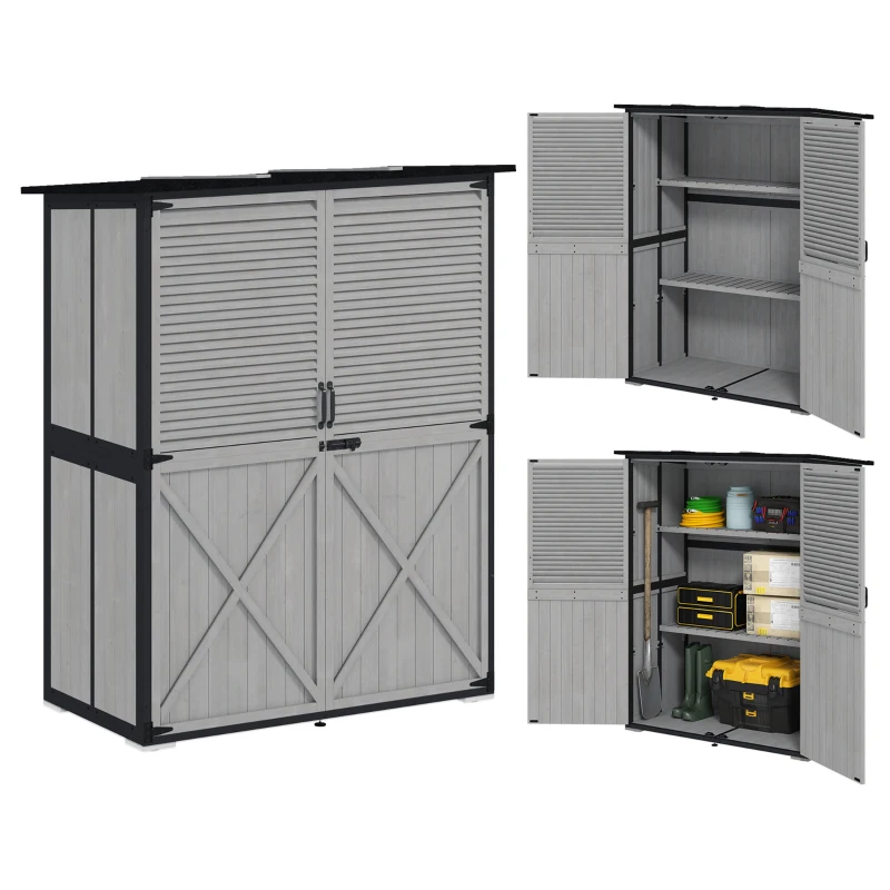 Outsunny Outdoor Storage Cabinet, Wood Garden Shed with Steel Frame, Asphalt Roof, 2 Shelves and Lockable Doors, Grey
