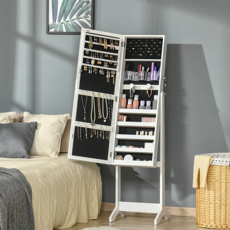 HOMCOM Lockable Jewelry Armoire with LED Light, Standing Mirror with Storage for Bedroom Dressing Room, White