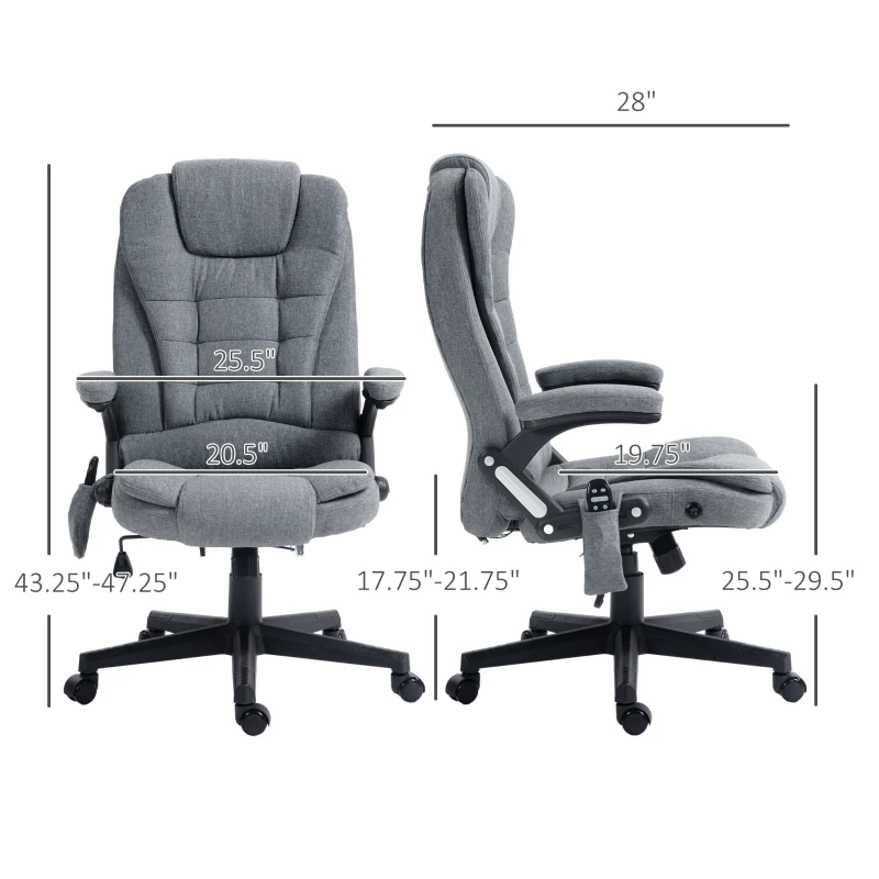 HOMCOM 6 Point Vibrating Massage Office Chair with Heat, Linen High Back Massage Desk Chair with Reclining Backrest, Gray