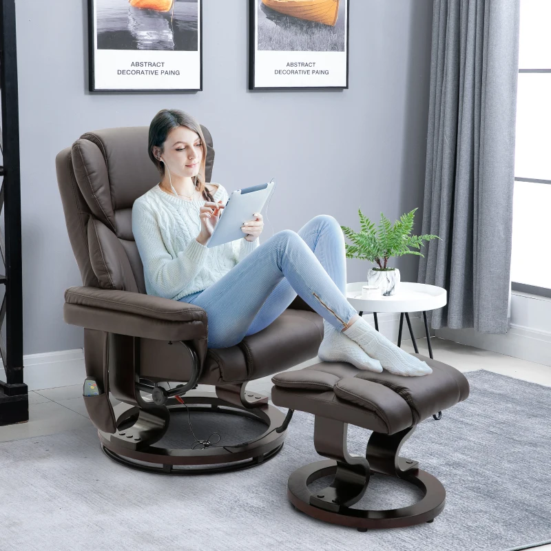 HOMCOM Massage Recliner Chair Swiveling Armchair with Footrest, with Wrapped Wood Base, 10 Vibration Levels, Faux Leather, Brown