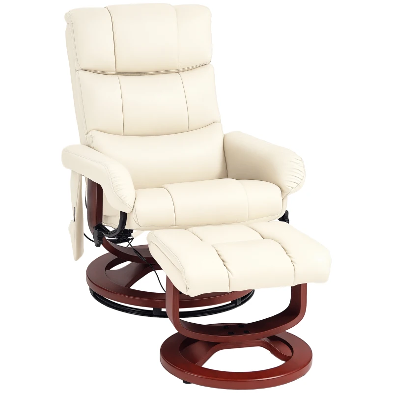 HOMCOM Swivel Recliner with Ottoman Massage, Recliner Chair and Ottoman, Faux Leather Reclining Chair with Remote, Cream White
