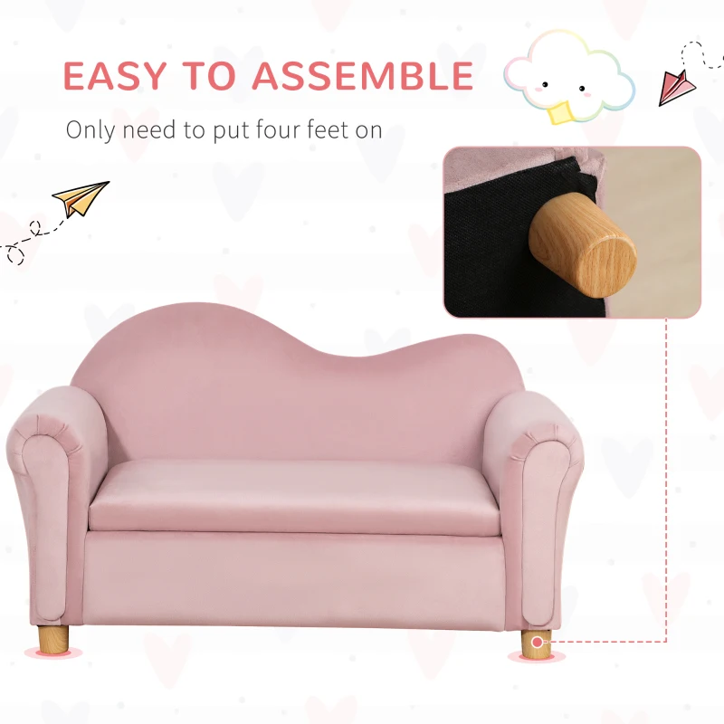 Qaba Ergonomic Foam Kids Sofa with Inner Toy Storage Chest, Velvet Kids Couch with Soft Arms, Children's Lounge Furniture, Pink