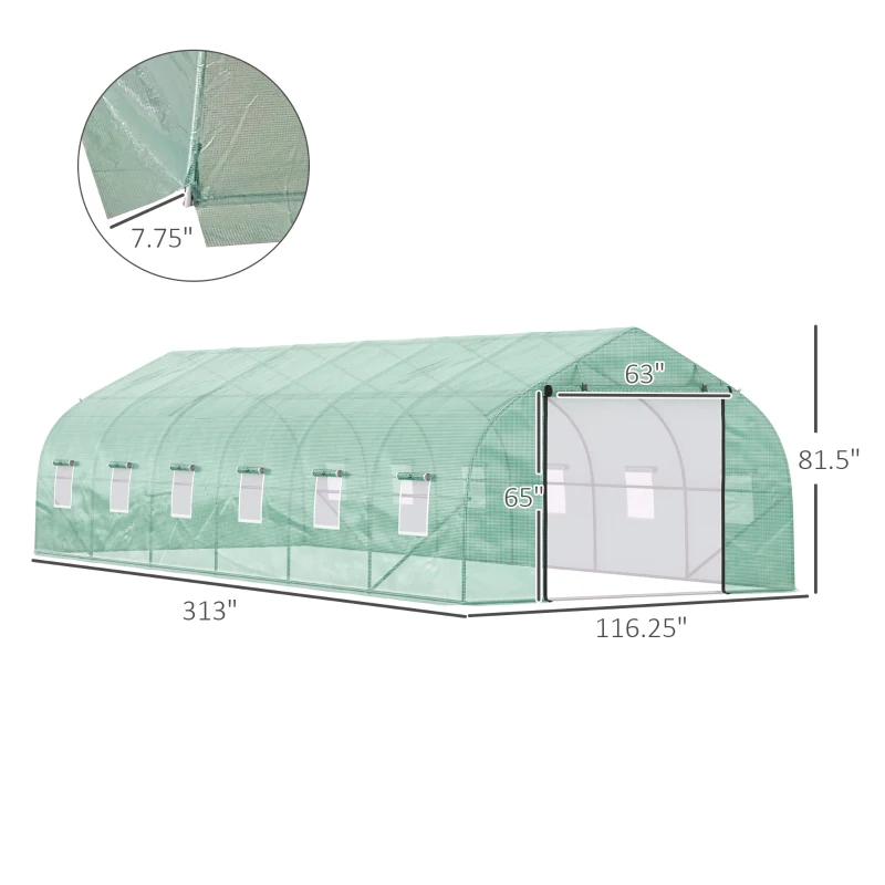 Outsunny 26' x 10' x 7' Walk-in Greenhouse Tunnel, Large Gardening Hot House with 12 Windows, 2 Net Protected Zipper Screen Doors for Backyard, Green