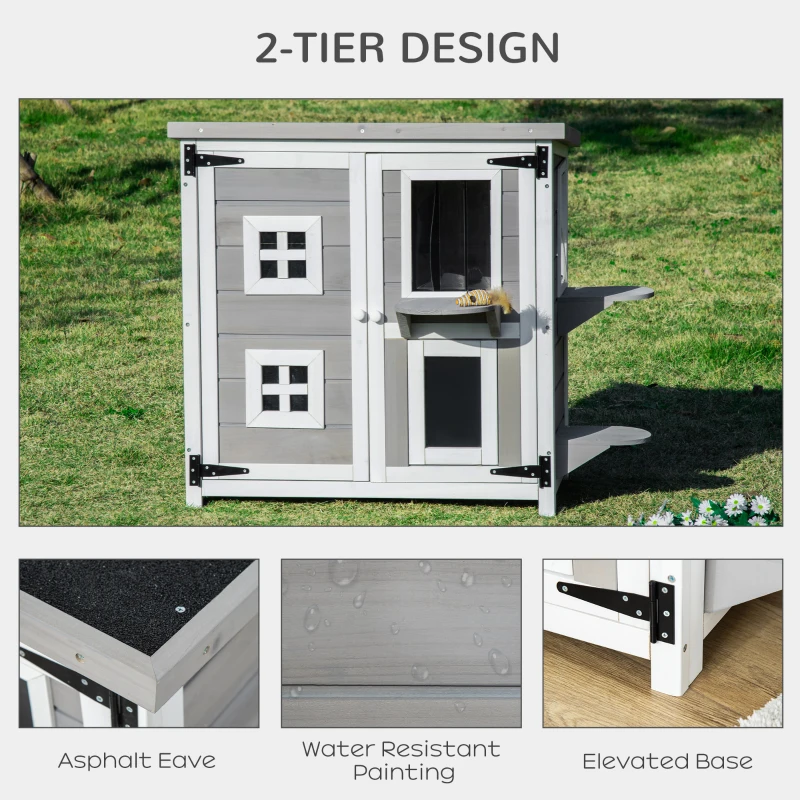 PawHut 2-Tier Cat House, Outdoor Feral Cat Shelter, with Weather Resistant Roof, Escape Door, PVC Curtain, Glass Window, Grey