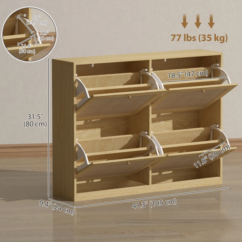 HOMCOM Narrow Shoe Storage Cabinet, Rattan Shoe Cabinet with 4 Flip Drawers and Adjustable Shelves for 20 Pairs, Oak