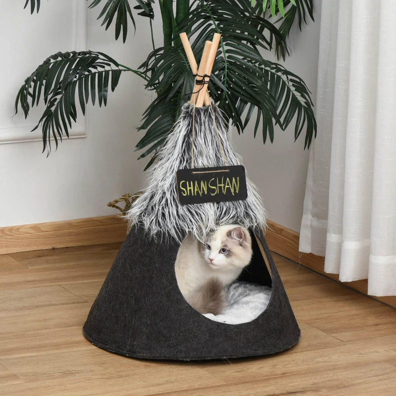 PawHut Pet Teepee Tent Cat Bed Dog House with Thick Cushion Chalkboard for Kitten and Puppy up to 13lbs 28inch Grey