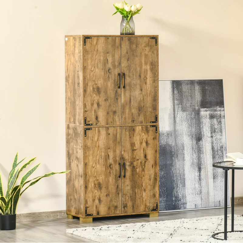 HOMCOM Industrial Kitchen Pantry Cabinet with 4 Doors and Storage Shelves, Freestanding Storage Cabinet, Rustic Wood