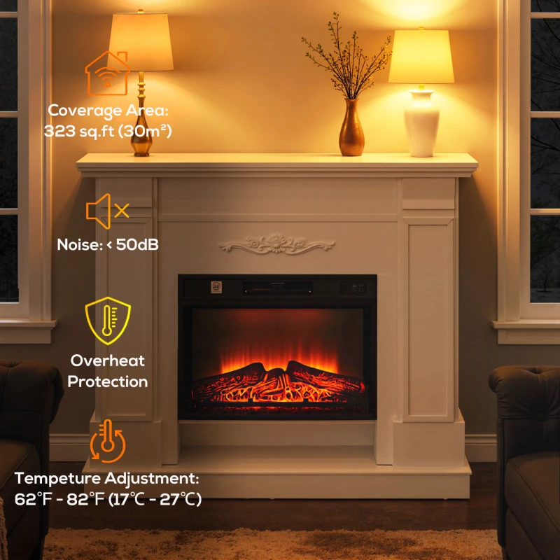 HOMCOM 46" Electric Fireplace with Mantel and Shelf, 1400W Fireplace Heater with Realistic Log and Flame Effect, White