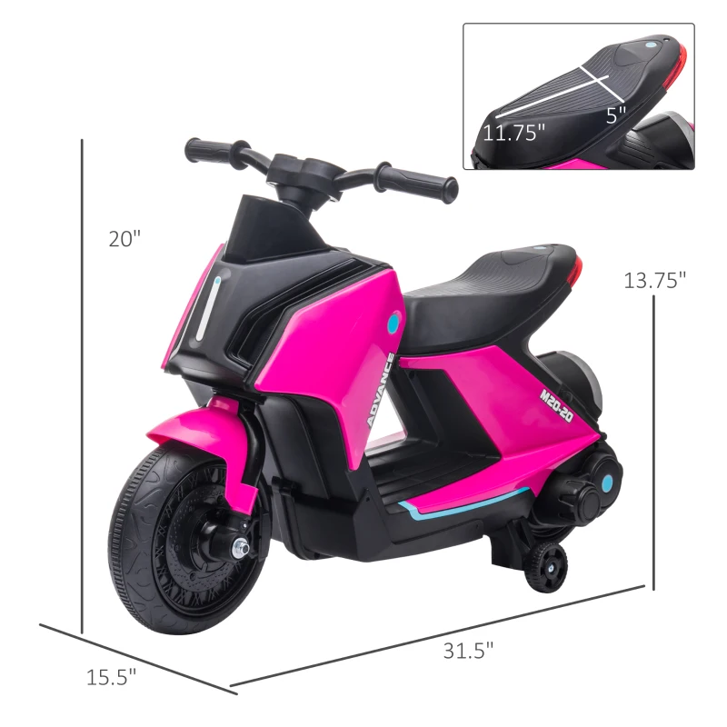 Aosom 6V Kids Motorcycle Dirt Bike Electric Battery-Powered Ride-On Toy Off-road Street Bike with Music, Headlights, Rechargeable Battery, Training Wheels, for Ages 2-4, Pink