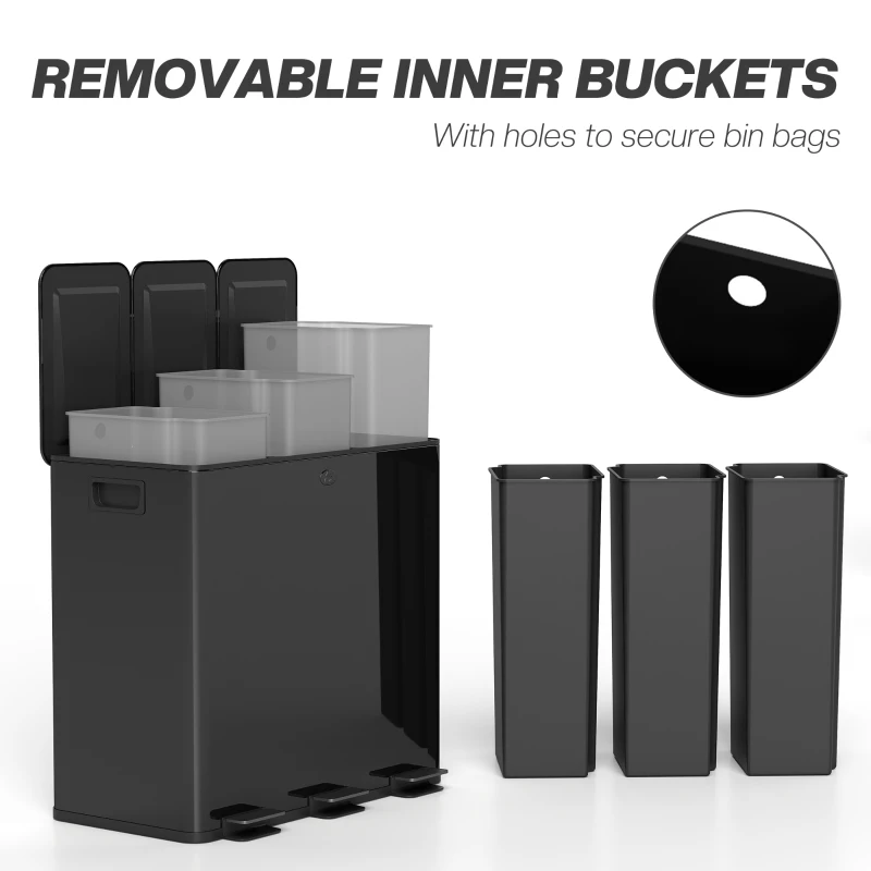 HOMCOM Garbage Bin, Soft-Close Trash Can with Foot Pedal, 3x5 Gallon (3x20 L) Garbage Can with Removable Inner Buckets, Black