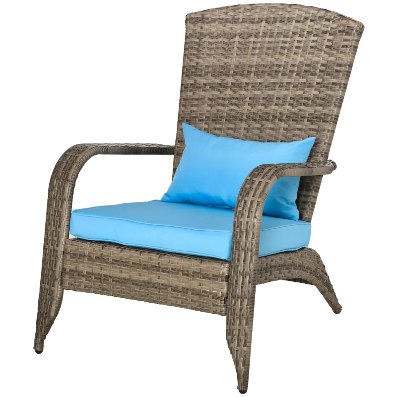 Outsunny Patio Wicker Adirondack Chair, Outdoor PE Rattan Fire Pit Chair, Muskoka Chair w/ Soft Cushions, Tall Curved Backrest and Comfortable Armrests for Deck Garden, Blue