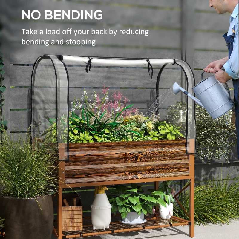 Outsunny Raised Garden Bed with Cover, Metal Elevated Planter Box with Bottom Shelf and Liner, Dark Brown Wood Effect