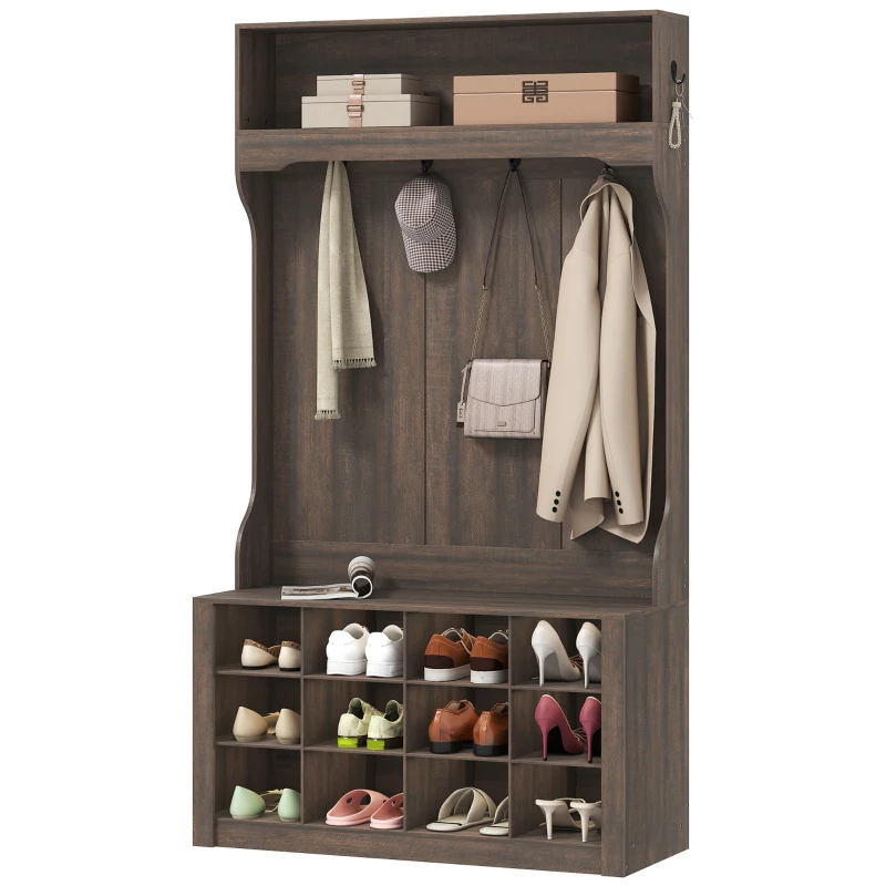 HOMCOM 4-In-1 Hall Tree with Bench and Shoe Storage, Farmhouse Coat Rack Shoe Bench with 12 Shoe Cubbies, 6 Hooks, Dark Brown