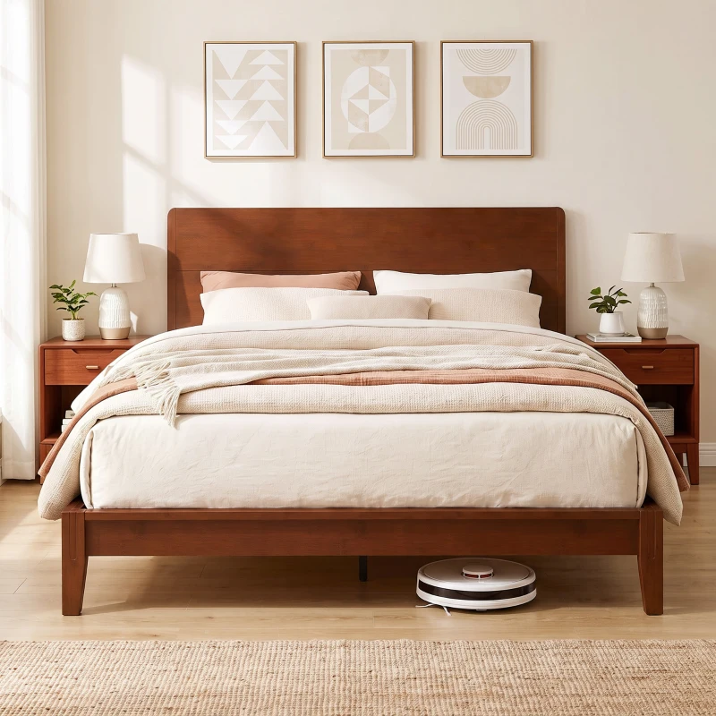 HOMCOM Queen Size Bamboo Platform Bed Frame with Headboard and 12 Poplar Slats, No Box Spring Needed, Easy Assembly, Brown