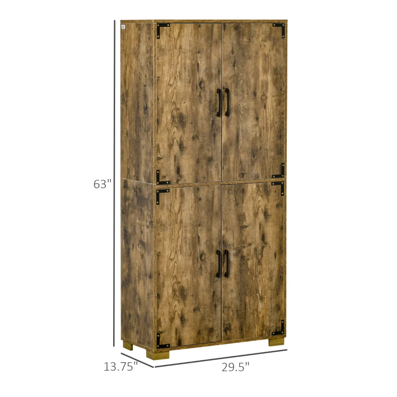 HOMCOM Industrial Kitchen Pantry Cabinet with 4 Doors and Storage Shelves, Freestanding Storage Cabinet, Rustic Wood