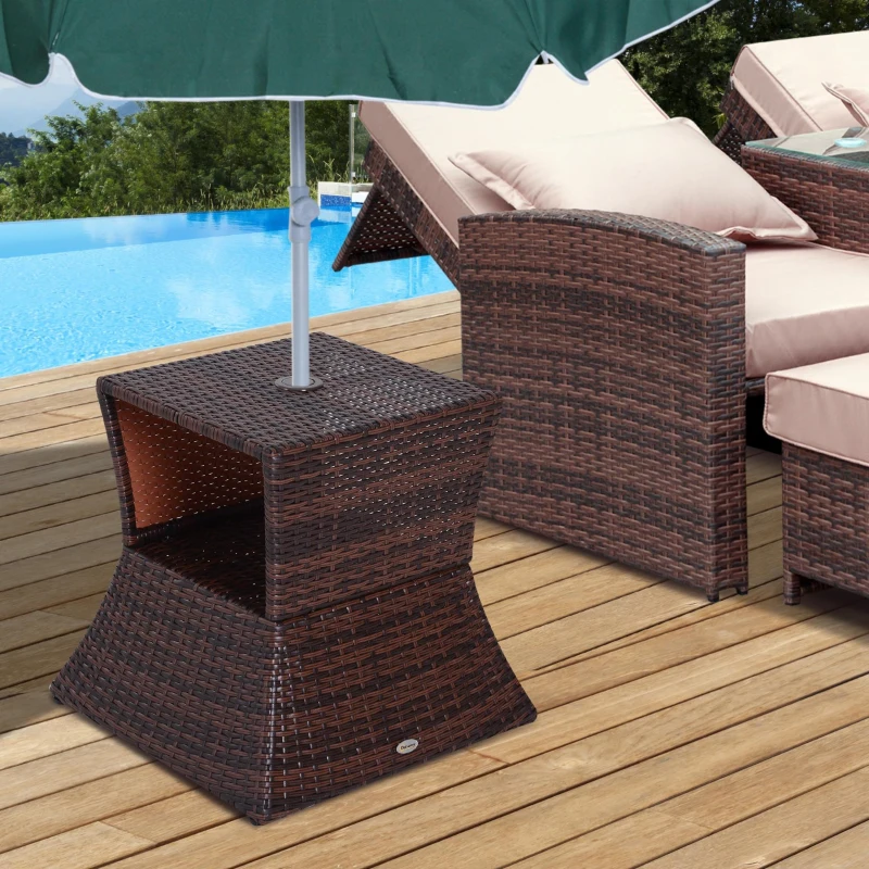 Outsunny Outdoor Side Table with Umbrella Hole, 2 Tier Rattan Wicker End Table with Storage Shelf, All Weather
