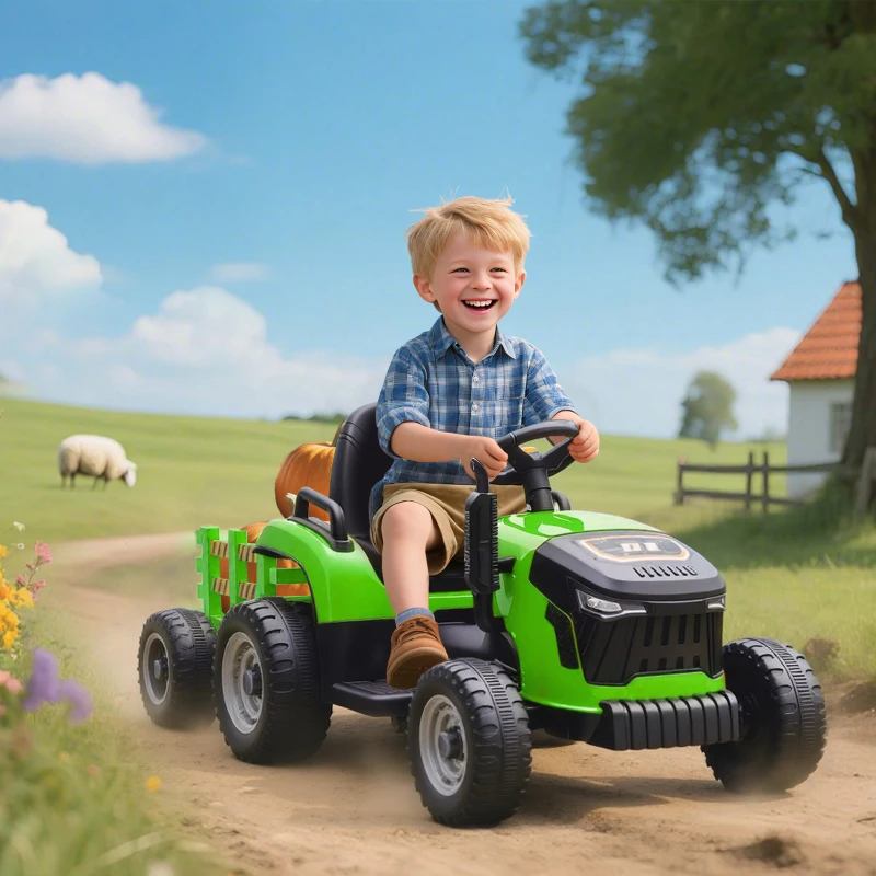 Qaba 12V Kids Ride On Tractor with Trailor, Remote Control, Music, Lights, Shifter, for Kids Ages 3-8 Years, Green