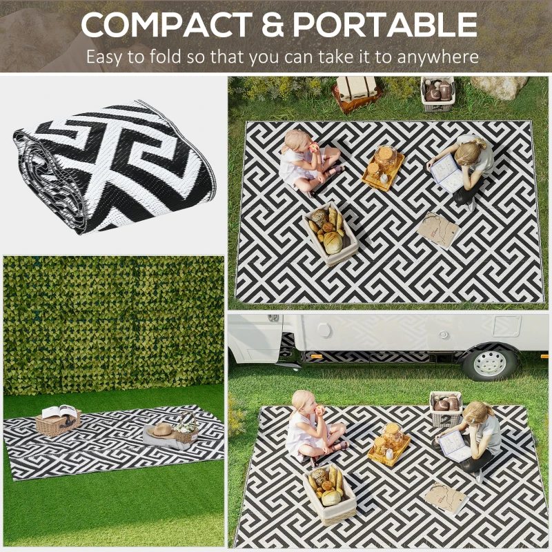 Outsunny Reversible Outdoor RV Rug, Patio Floor Mat, 5' x 8' Plastic Straw Rug for Backyard, Deck, Beach, Camping, Black & White