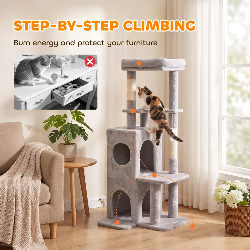 PawHut 52" Cat Tree, Multi-Level Large Cat Tower House with 2-Tier Condo, Bed, Sisal Scratching Posts, Light Grey
