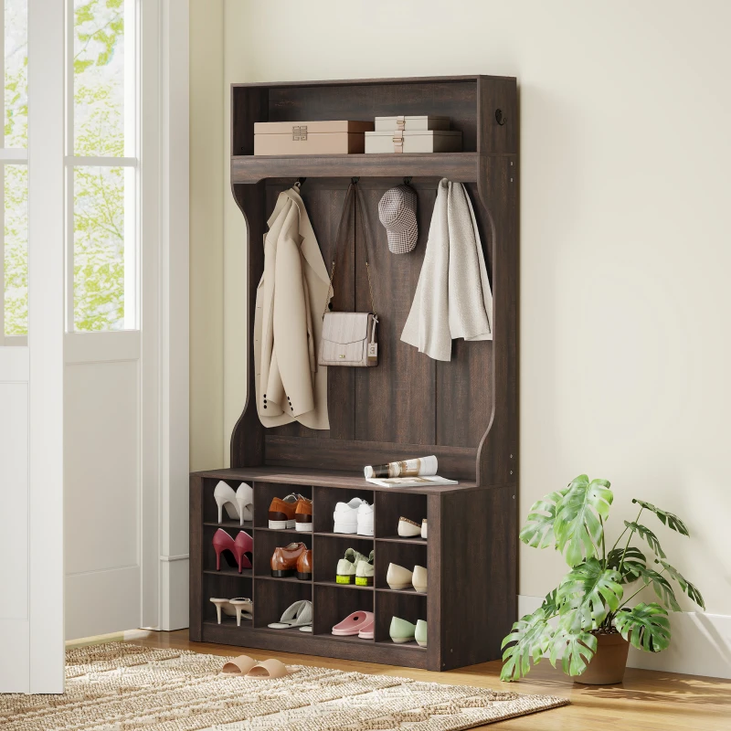 HOMCOM 4-In-1 Hall Tree with Bench and Shoe Storage, Farmhouse Coat Rack Shoe Bench with 12 Shoe Cubbies, 6 Hooks, Dark Brown