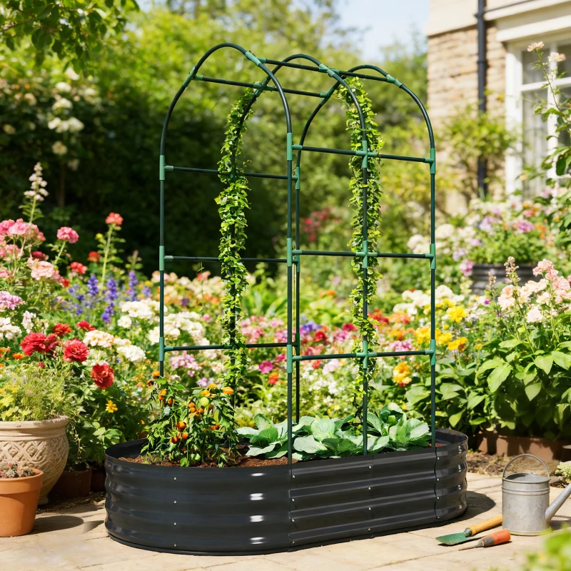 Outsunny Galvanised Raised Garden Bed with Arched Trellis, 5 x 3 x 6ft Metal Outdoor Planter Box with Open Bottom, Dark Gray