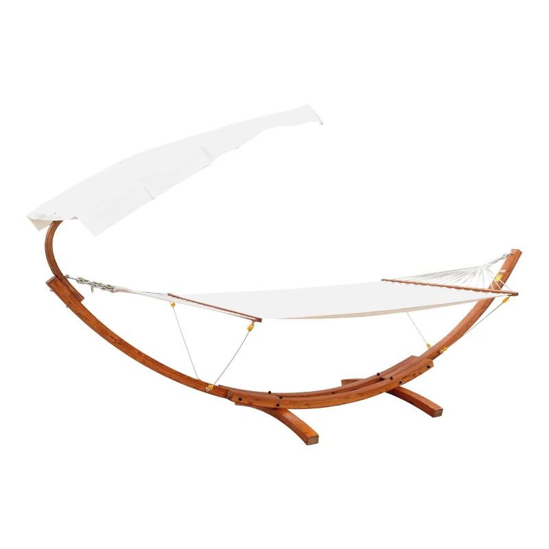 Outsunny Outdoor Hammock with Stand & Accessories, Heavy Duty Wooden Frame, Sun Shade Visor Canopy, Indoor Outside Boho Style Nap Bed, Natural Cotton, White