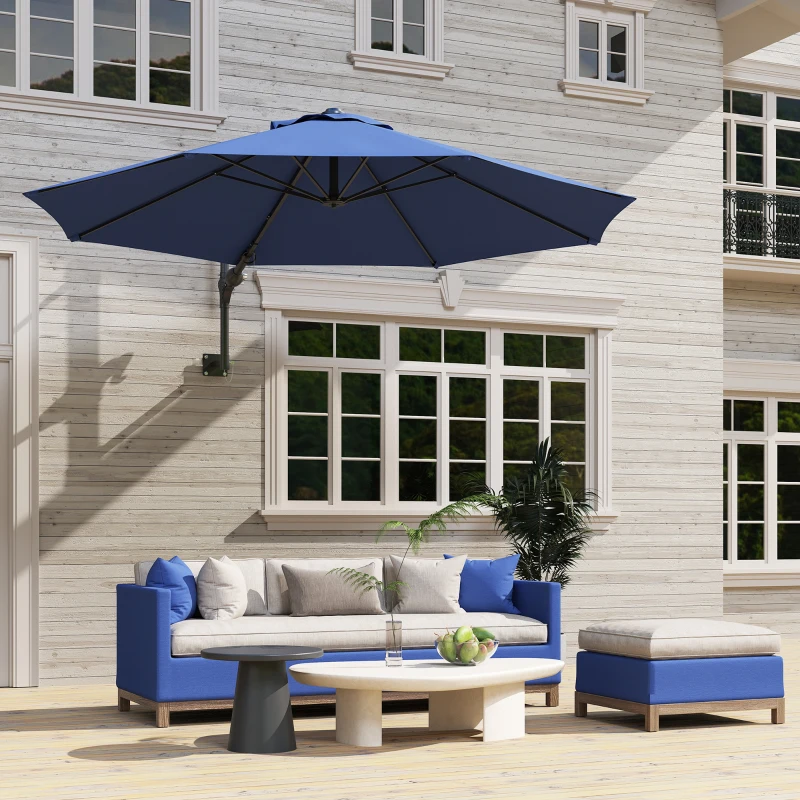 Outsunny 9.6 x 9.6 ft Wall Mounted Umbrella with Rotate, Patio Market Umbrella Parasol for Outdoor with Crank, Dark Blue