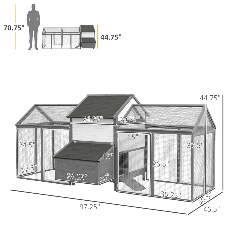 PawHut 97" Chicken Coop Poultry Cage with Double Run, Nesting Box, Gray(m-3)