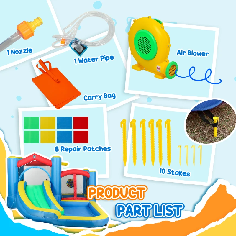 Qaba Inflatable Water Slide Bounce House w/ 550W Blower, Large Trampoline, Splash Pool, Basketball Hoop, Dart Board