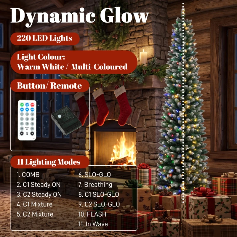 HOMCOM 7ft Pencil Prelit Christmas Tree, Dual Color LEDs, Flocked, Remote, Slim Xmas Tree with 11 Modes, Green White