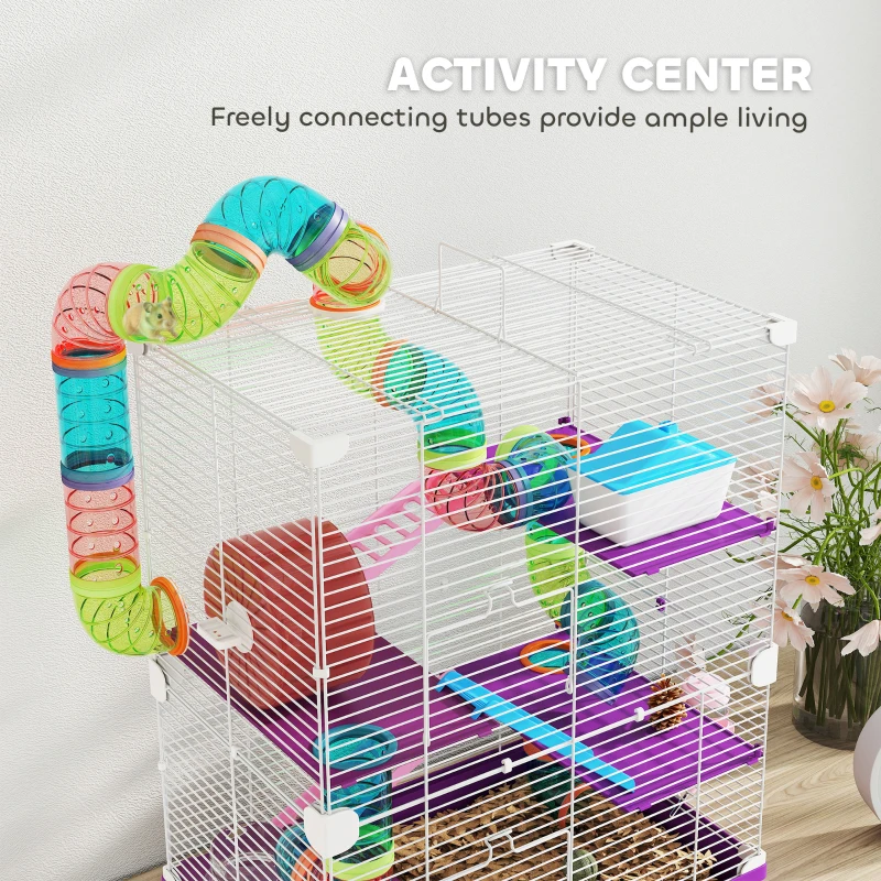PawHut 5 Tiers Hamster Cage Portable with Exercise Wheels Play Tube Water Bottle Dishes House Ladder for Gerbils, Purple
