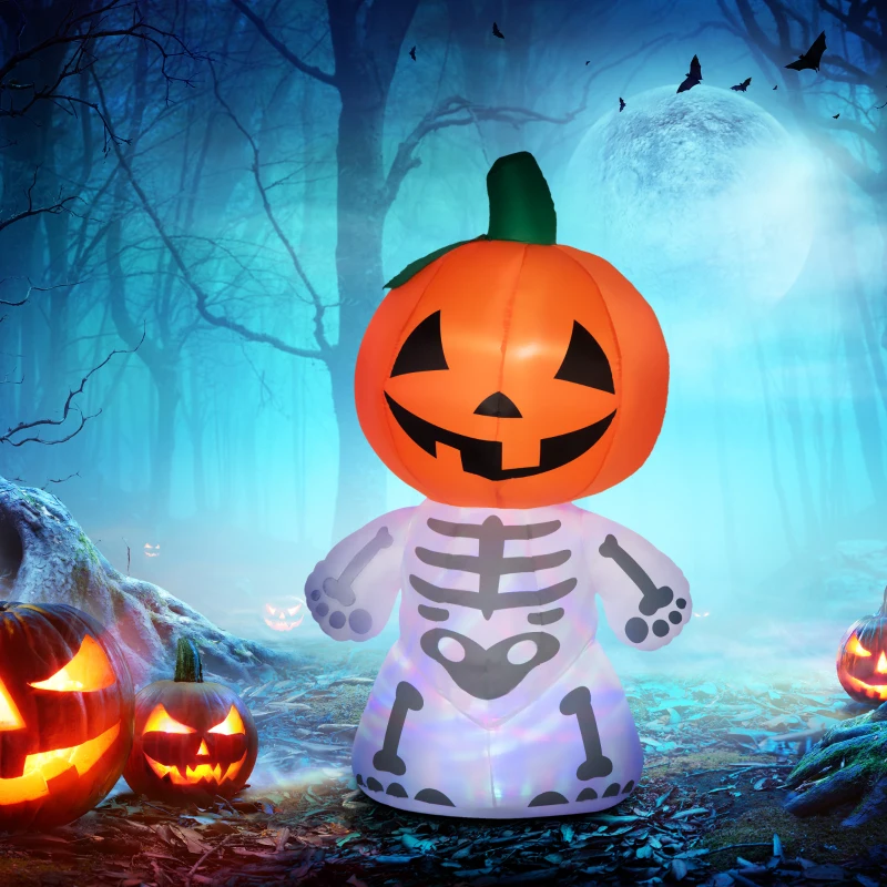 HOMCOM 6ft Halloween Inflatables Outdoor Decorations, Smiling Skeleton Ghost with Pumpkin Head, Blow Up LED Yard Decor for Garden, Lawn, Party, Holiday, Waterproof